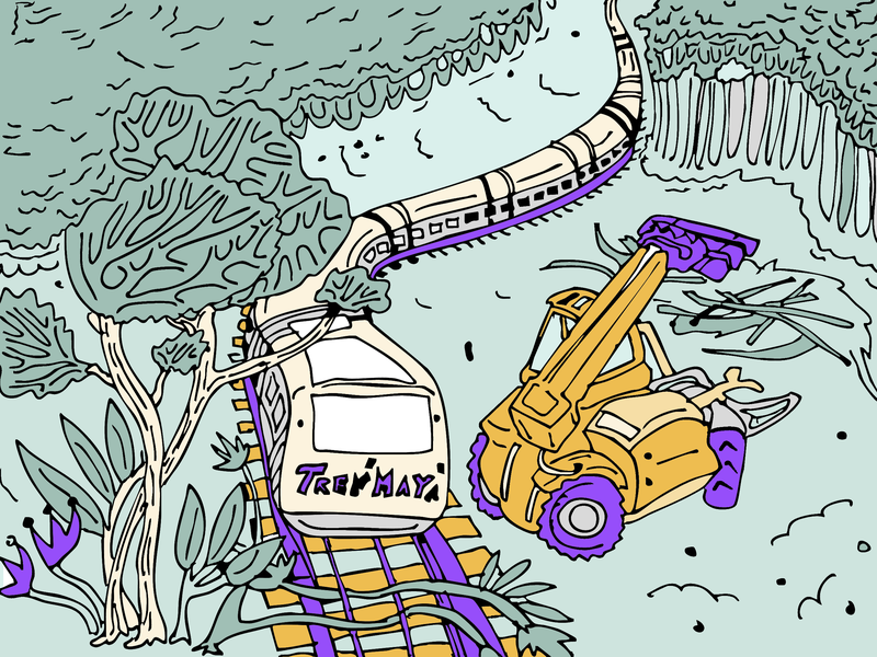 Ein Zug fährt durch einen Wald, mit ihm kommen Bagger etc