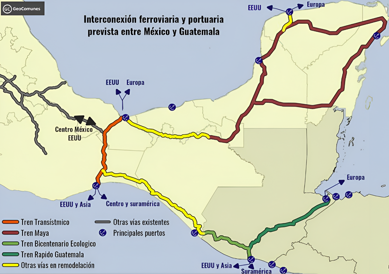 Además del «Tren Maya» (arriba a la derecha en su recorrido por la península mexicana de Yucatán), también se ampliará el «Corredor Interoceánico» a Guatemala y, en perspectiva, conectará los puertos de Puerto Quetzal (Pacífico) y Puerto Barrios (Atlántico) como ruta comercial. Fuente: Colectivo Geocomunes, 2024-25.