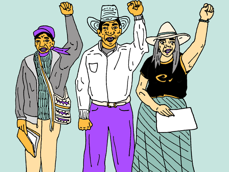 Drei personen halten kämpferisch ihre Fäuste in die Luft