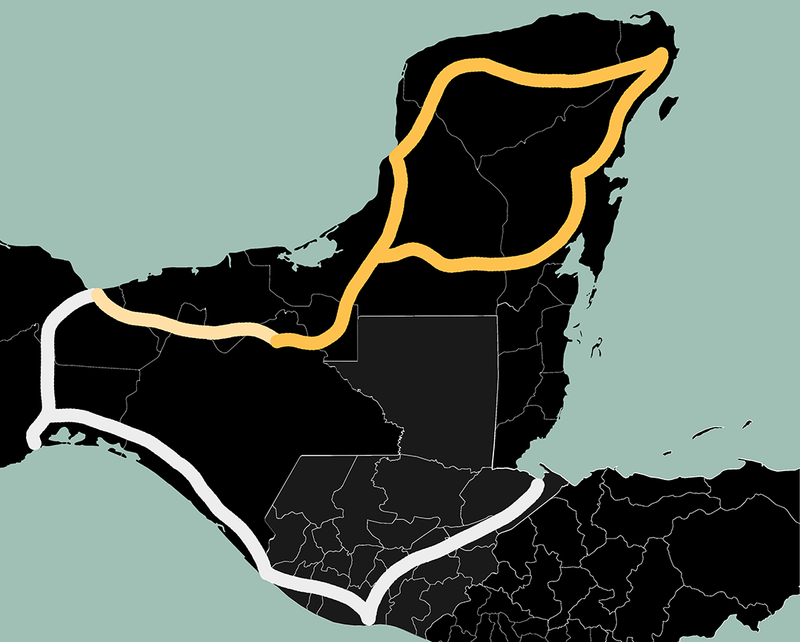 Eine Karte vom Süden Mexikos, Guatemalas und der benachbarten Gebiete. Die Route des Tren Maya ist eingezeichnet.