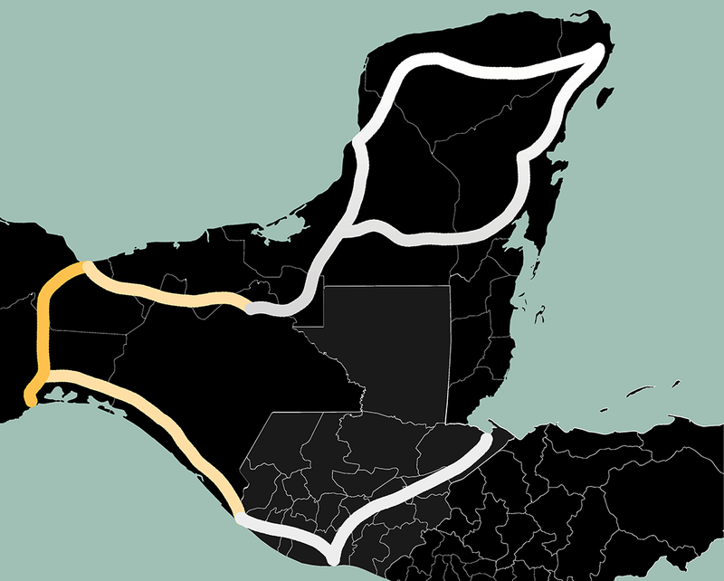 Eine Karte von Südmexiko, Guatemala und angrenzenden Ländern. Eingezeichnet ist die Route des Transisthmischen Korridors