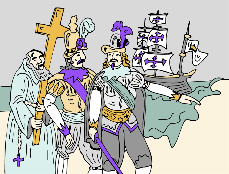 Drei Männer mit Kleidung aus der Kolonialzeit stehen vor einem Schiff. Sie halten schwerter und ein Kreuz