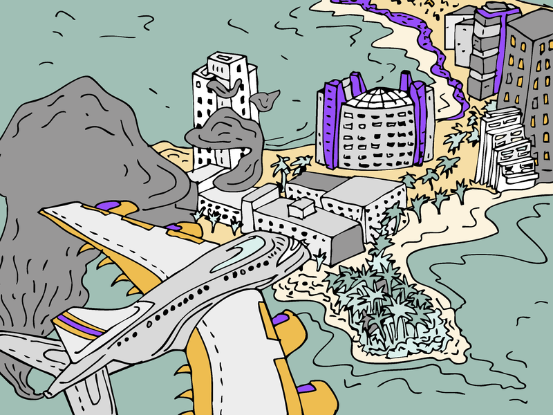 Ein Flugzeug fliegt auf eine volle Stadt zu.