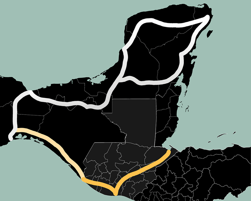 Eine Karte von Südmexiko, Guatemala und angrenzenden Ländern. Eingezeichnet ist die Route der Ausweitung des Infrastrukturprojekts nach Guatemala