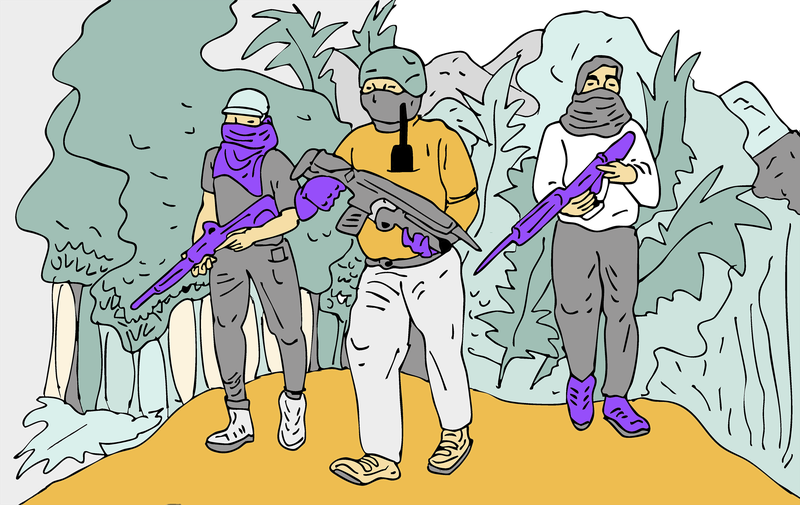 Drei Männer mit Waffen vor einem Wald