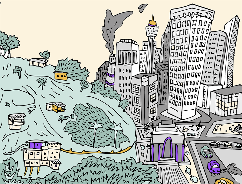 Ein ruhiger Hügel mit kleinen Hütten neben einer überfüllten Stadt mit Hochhäusern