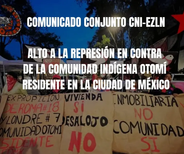 Bild mit Bannern. Übertitelt mit: "Stoppt die Repression gegen die Otomí- Gemeinschaft.