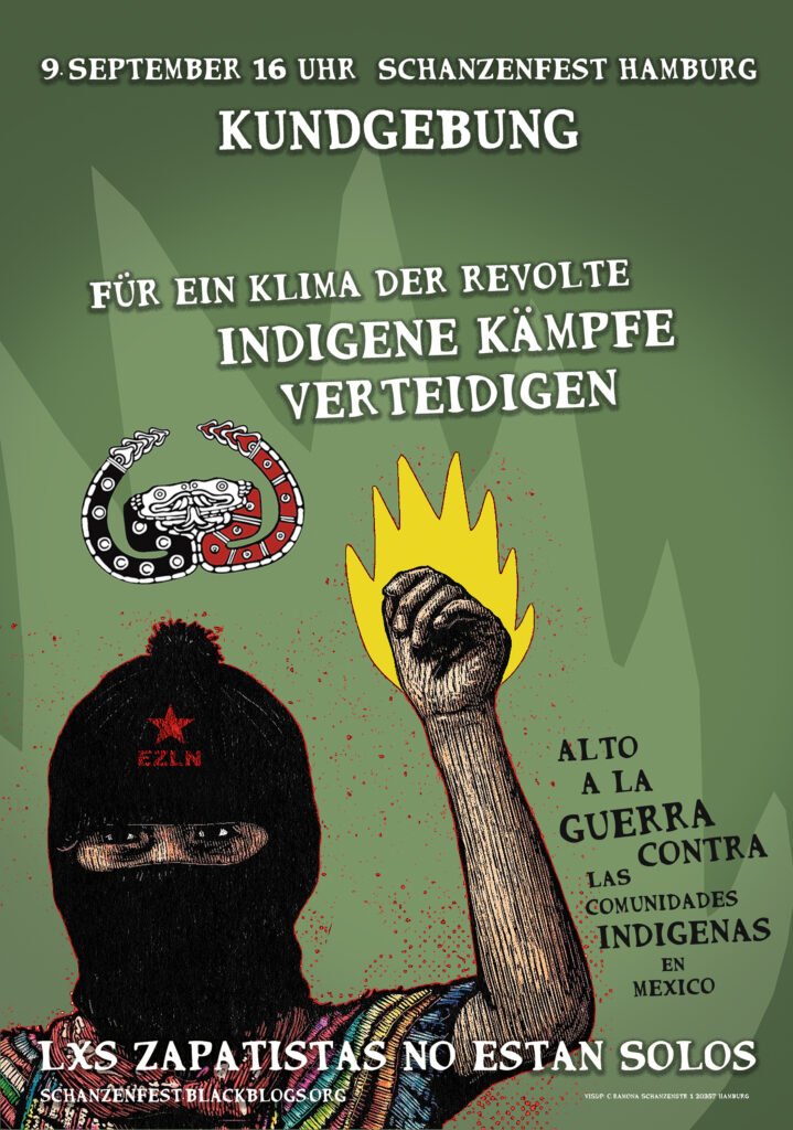 Plakat einer Kundgebung in Solidarität mit den Zapatists. Bild einer zapatistischen Frau mit Skimaske und brennender Faust