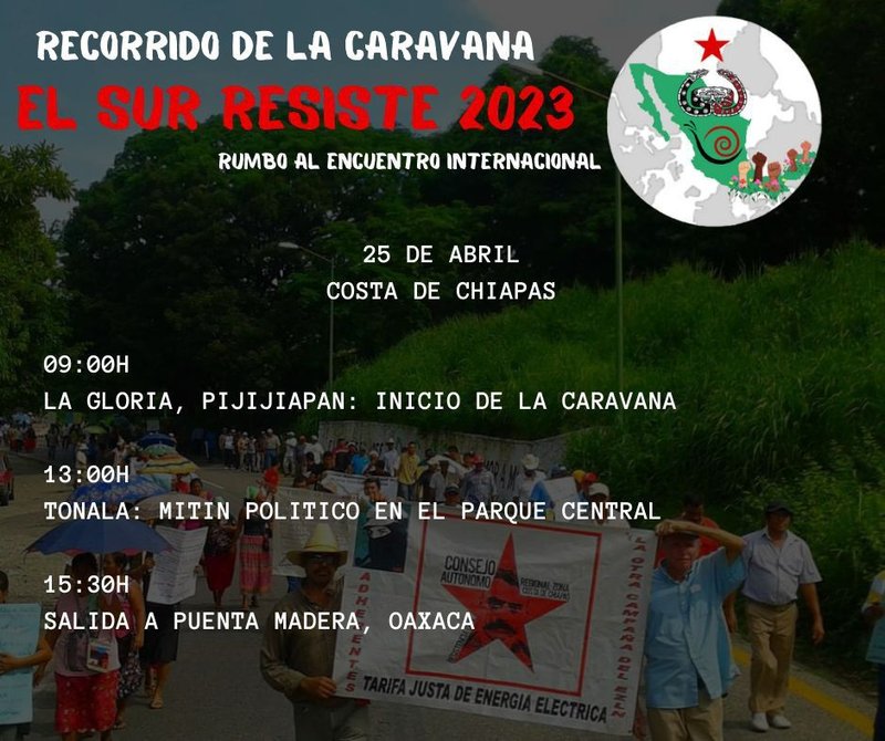 Sharepic der Karawane El Sur Resiste mit Den Daten der nächsten Stationen.