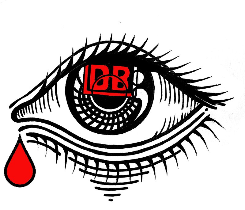 Ein Auge in dem sich das DB-Logo spiegelt. Aus dem Auge läuft eine rote Träne