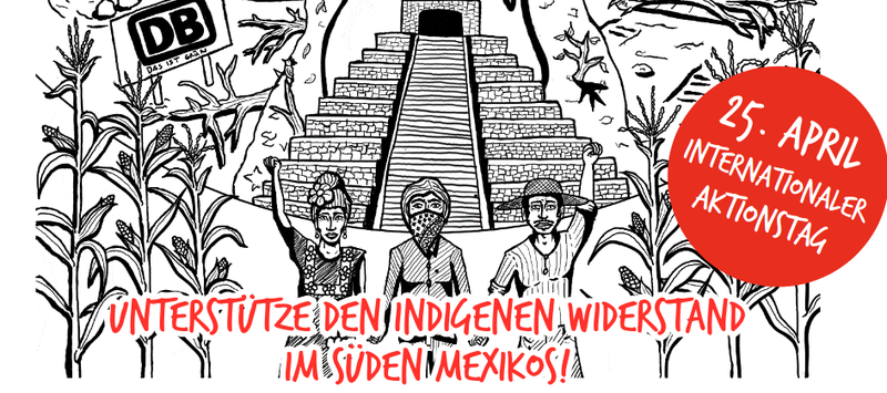 Schwarz-weiße Strichzeichnung mit einer Maya-Pyramide und kämpfenden Kleinbäuer:innen. Aufruf zum Aktionstag.
