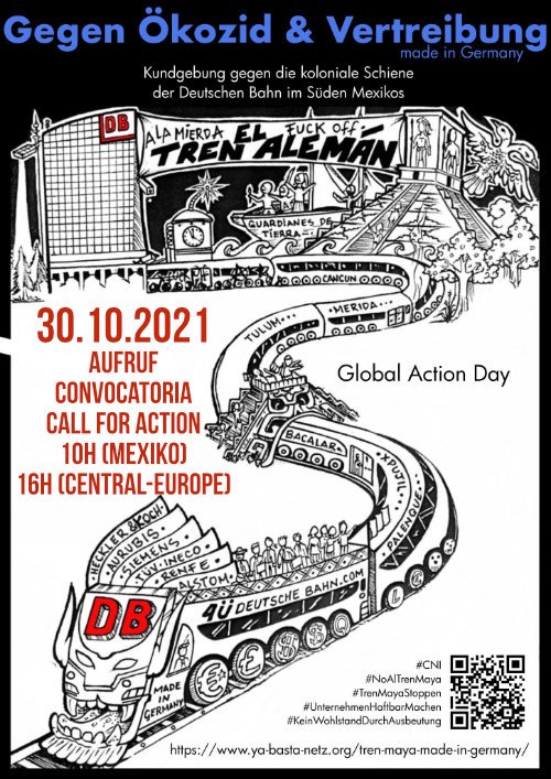 Plakat vom globalen Aktionstag gegen Ökozid und Vertreibung