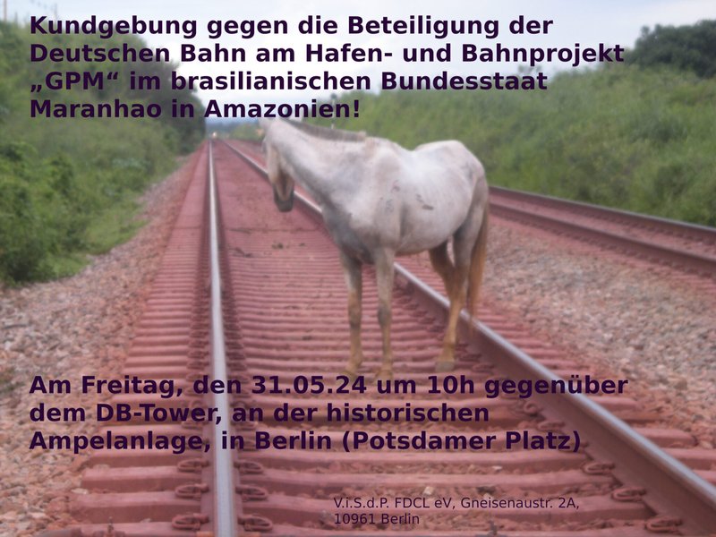 Ein Pferd steht auf Bahnschienen. Text ruft zu einer Kundgebung gegen das GPM Projekt in Brasilien auf