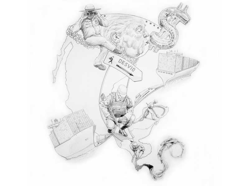 Grafik, die die verschiedenen Dimensionen des CIIT zeigt: Migrant*innen werden vom Militär und vom internationalen Handel über den Isthmus aufgehalten, während Trump hinter Stacheldraht einen Luftballon in Dollarform aufpustet.