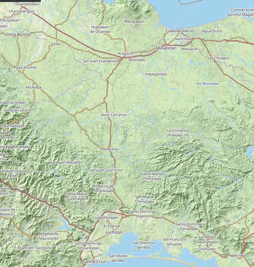 Topografische Karte des Isthmus von Tehuantepec. Quelle: OpenStreetMap.org