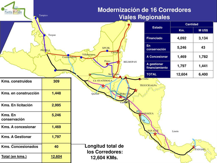 Karte der geplanten Infrastruktur im Rahmen des Plan Puebla Panamá