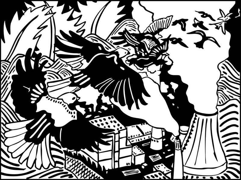 Vögel fliegen über einen Kühlturm, aus dem Dampf emporsteigt