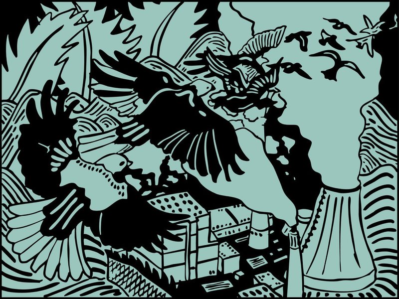 Vögel fliegen über einen Kühlturm, aus dem Dampf emporsteigt