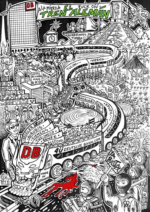 Wimmelbild, welches die negativen Einflüsse des Tren Maya aufzeigt