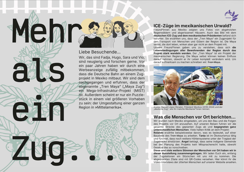 Ein: Plakat Links steht "Mehr als ein Zug", es sind einleitende Wort zu lesen und ein Bild einer Gruppe, sowie des Präsidenten AMLO vor einem ICE