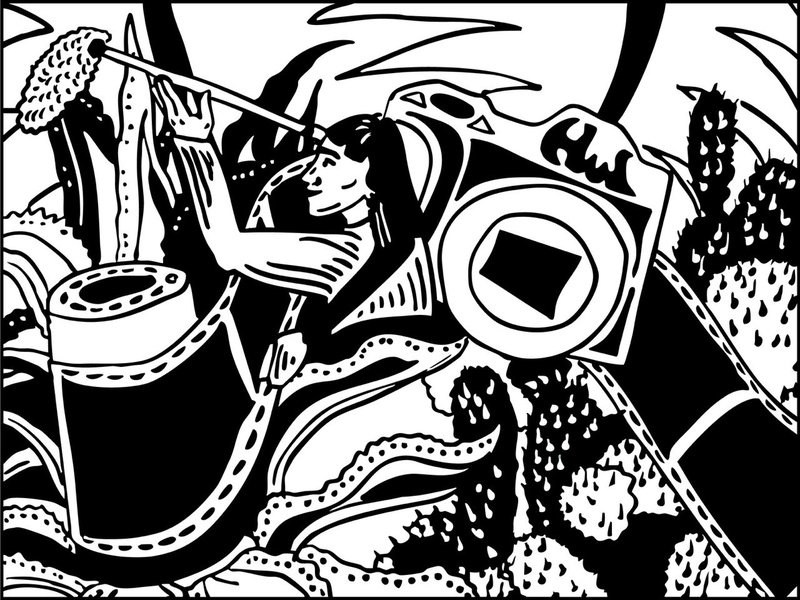 Im Vordergrund eine Kamera, eine weiblich gelesene Person mit einem Mikrofon und eine Filmrolle. Im Hintergrund Kakteen