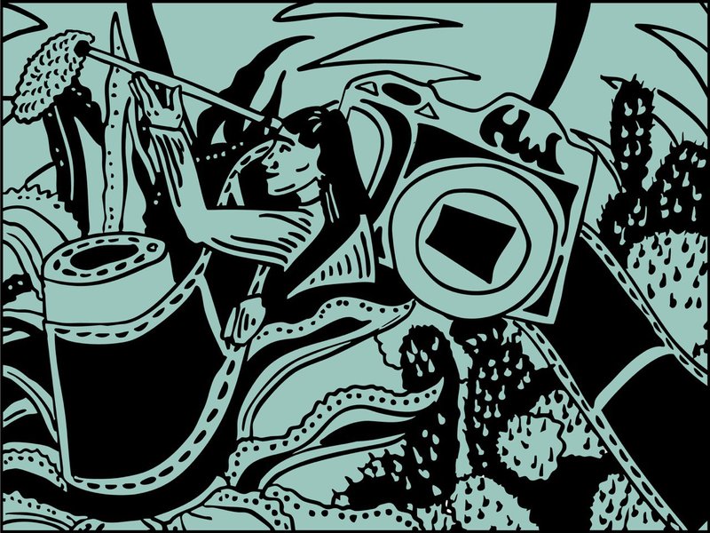 Im Vordergrund eine Kamera, eine weiblich gelesene Person, die ein Mikrofon hält und eine Filmrolle. Im Hintergrund sind kakteen zu sehen