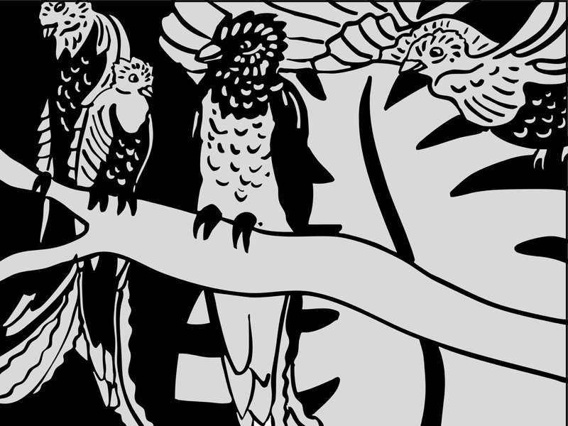 Zwei Vögel sitzen auf einem Ast, ein dritter gesellt sich dazu.