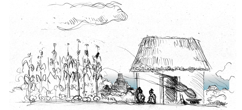 Skizze eines Maya-Haus